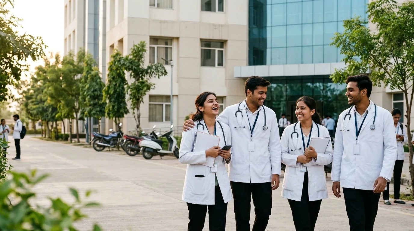 MBBS students in white coats walking outside a modern medical college and hospital building