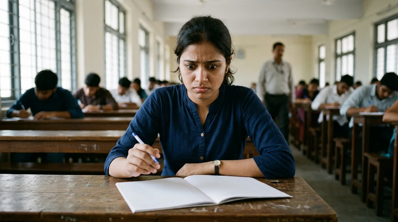 A student frozen over a blank answer sheet in an exam hall