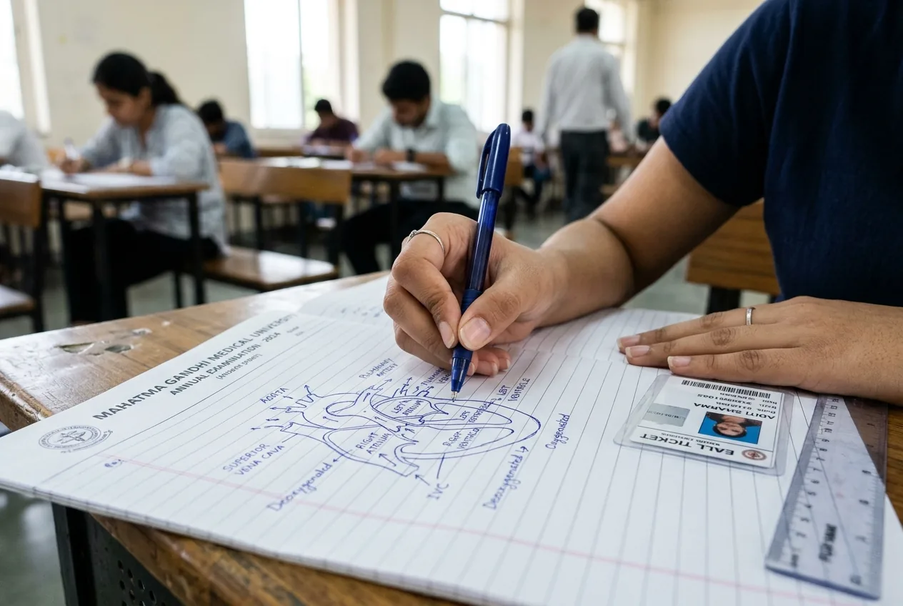 Student drawing a labelled diagram in a university exam answer booklet
