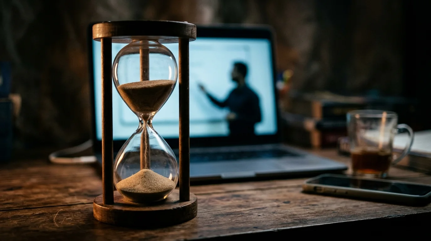 An hourglass running out in front of a laptop playing a lecture
