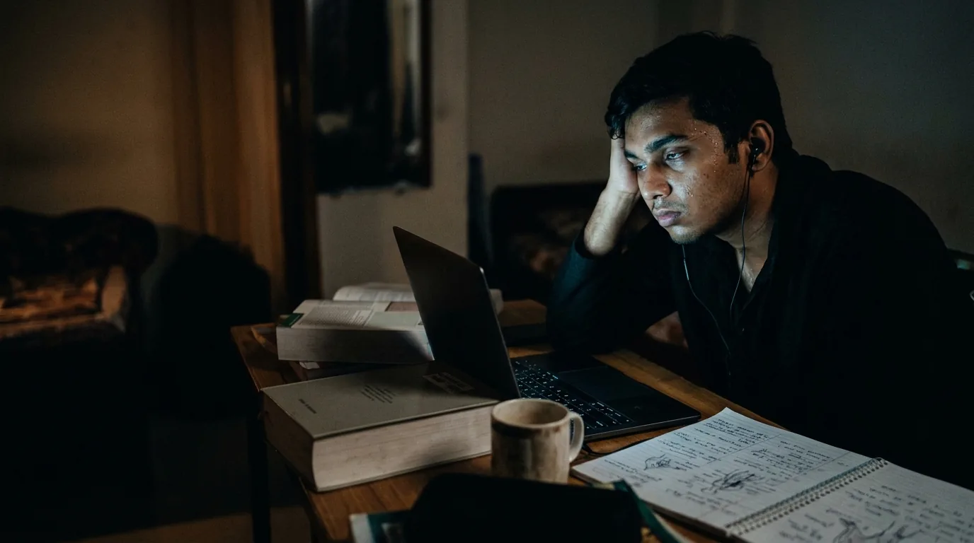A medical student half-asleep at night, face lit by a laptop playing a video lecture