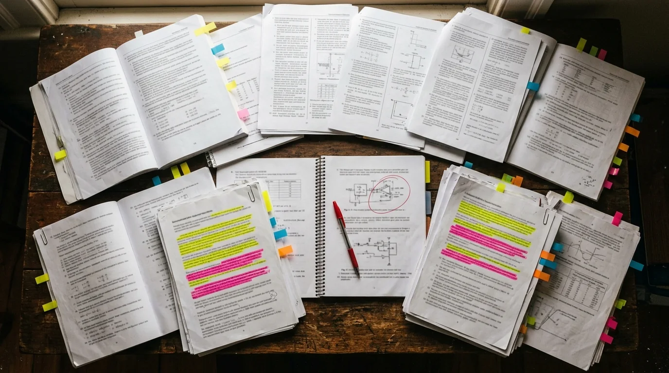 Stacks of highlighted university question papers and question banks
